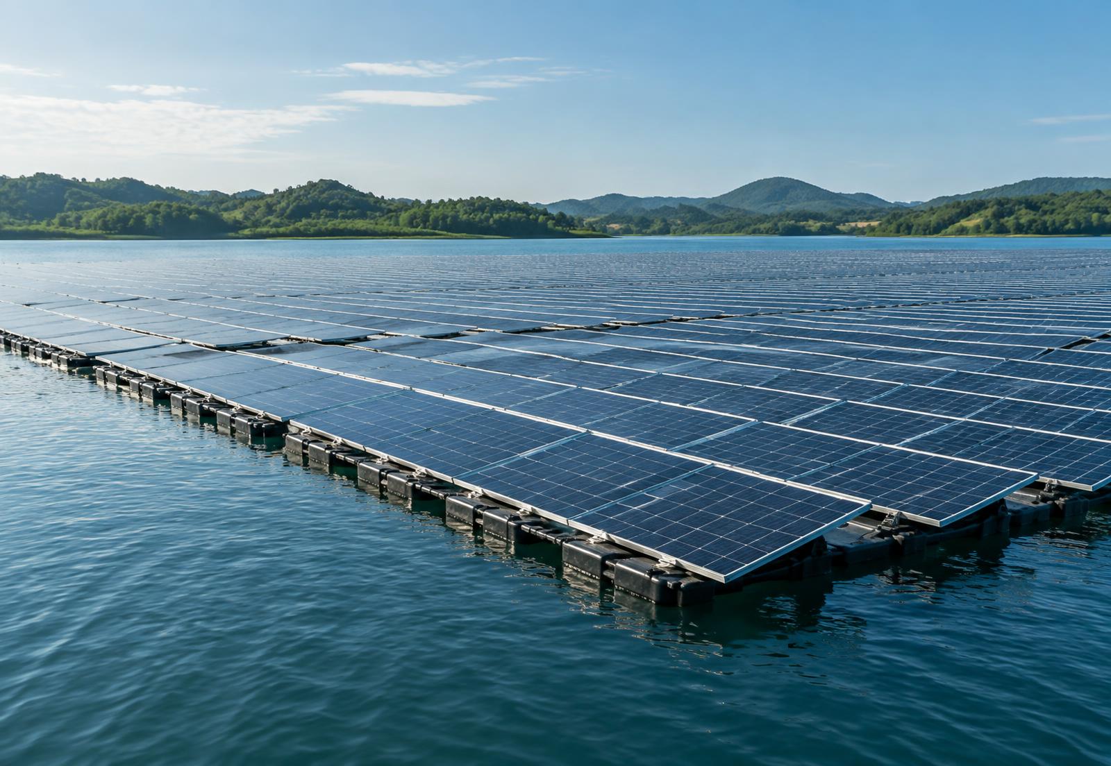 Floating solar farm extending across calm blue water